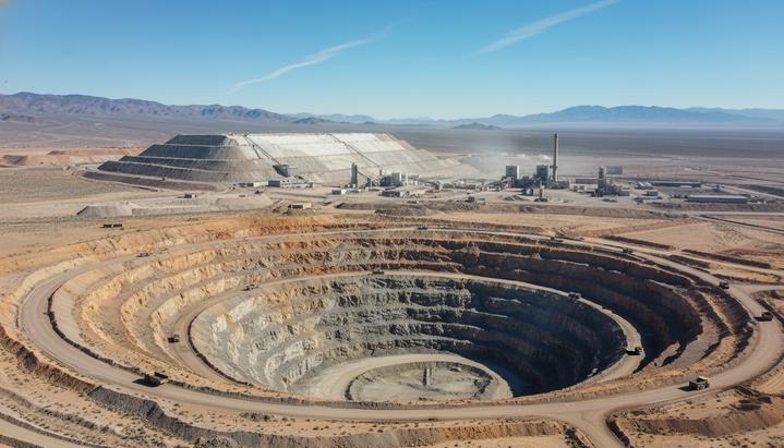 Открытый золотой рудник в пустынном ландшафте Невады с террасными стенами карьера и технологическими объектами.