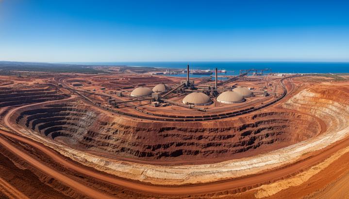 Железорудный карьер Amapá в Бразилии: панорамный вид на террасы разработки, промплощадку и транспортную инфраструктуру.