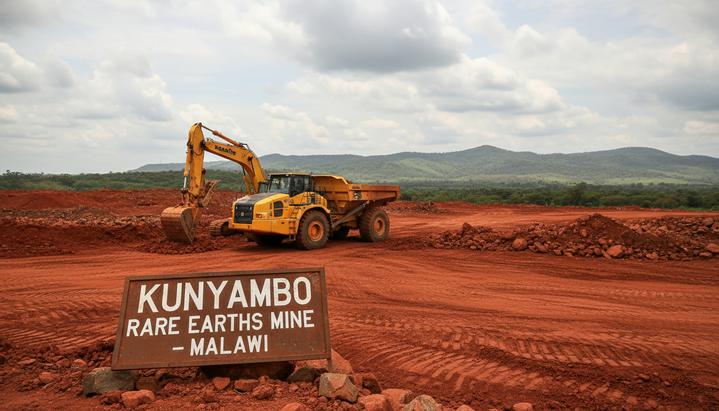 Новый карьерный самосвал и экскаватор Komatsu на строительной площадке рудника редкоземельных металлов в Малави.