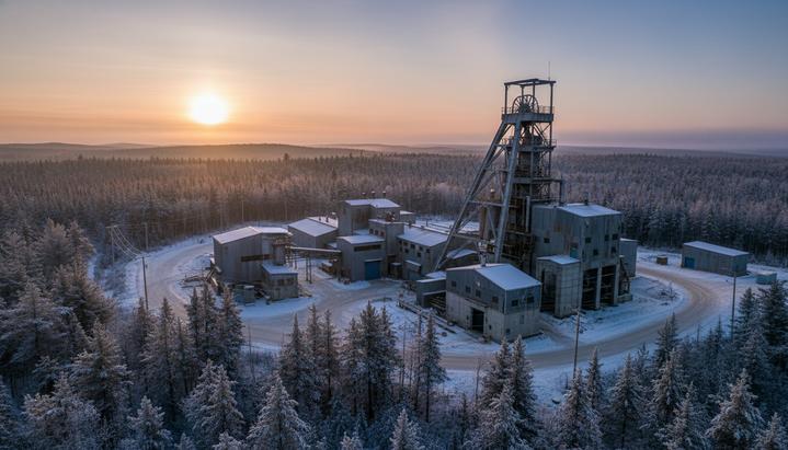 Промышленные здания и сооружения никелево-медного рудника Eagle, расположенного в лесной местности Верхнего полуострова Мичигана.