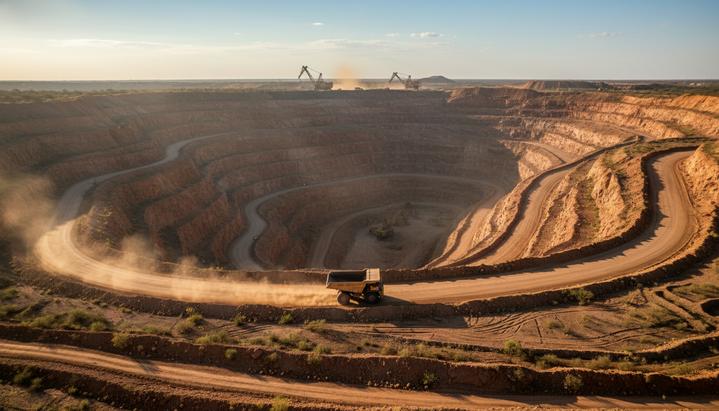 Огромный карьер золотодобывающего рудника Борборема в Бразилии с террасными склонами и карьерной техникой.