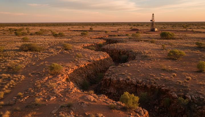Скалистый пейзаж Квинсленда, Австралия, с выраженным геологическим разломом. На горизонте видна буровая установка для геологоразведки.