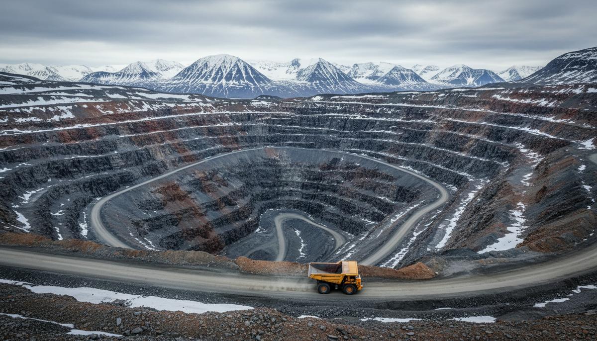 Крупный карьер по добыче молибдена в заснеженном горном ландшафте Гренландии. Внутри карьера виден большой самосвал.