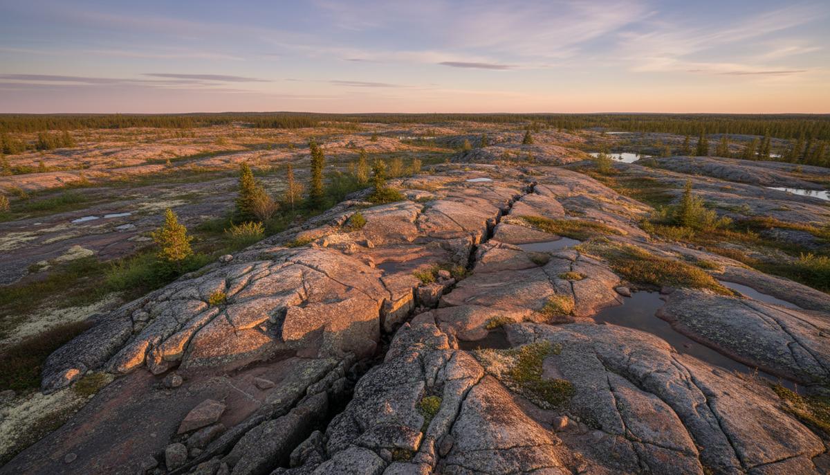 Скалистый ландшафт Атабаскского бассейна в Канаде с видимыми геологическими разломами и выходами горных пород на поверхность.