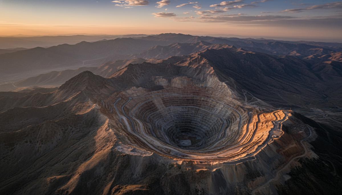Большой карьер по добыче золота, расположенный в горном массиве Тянь-Шань в Кыргызстане. Видны террасы и дороги карьера.