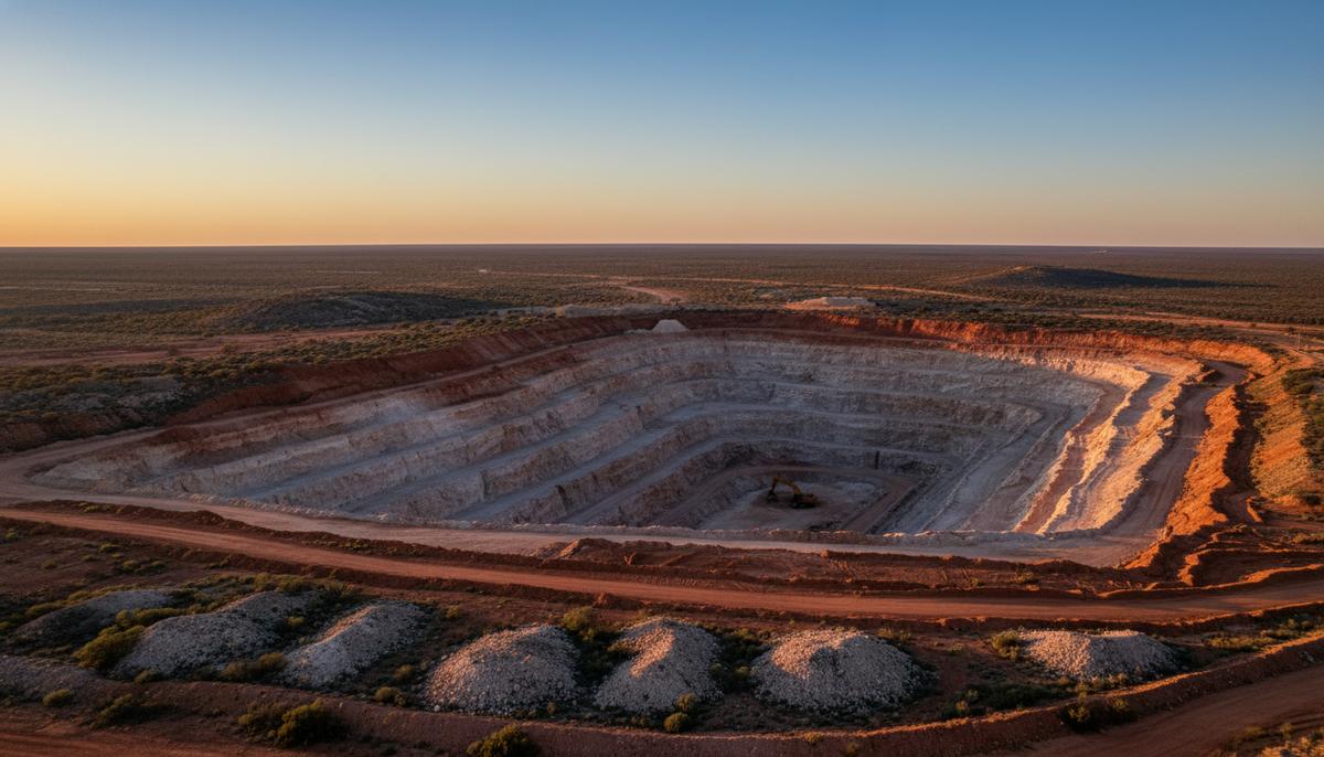 Обширный глиняный карьер по добыче редкоземельных металлов в австралийской пустыне с виднеющейся на горизонте спецтехникой.