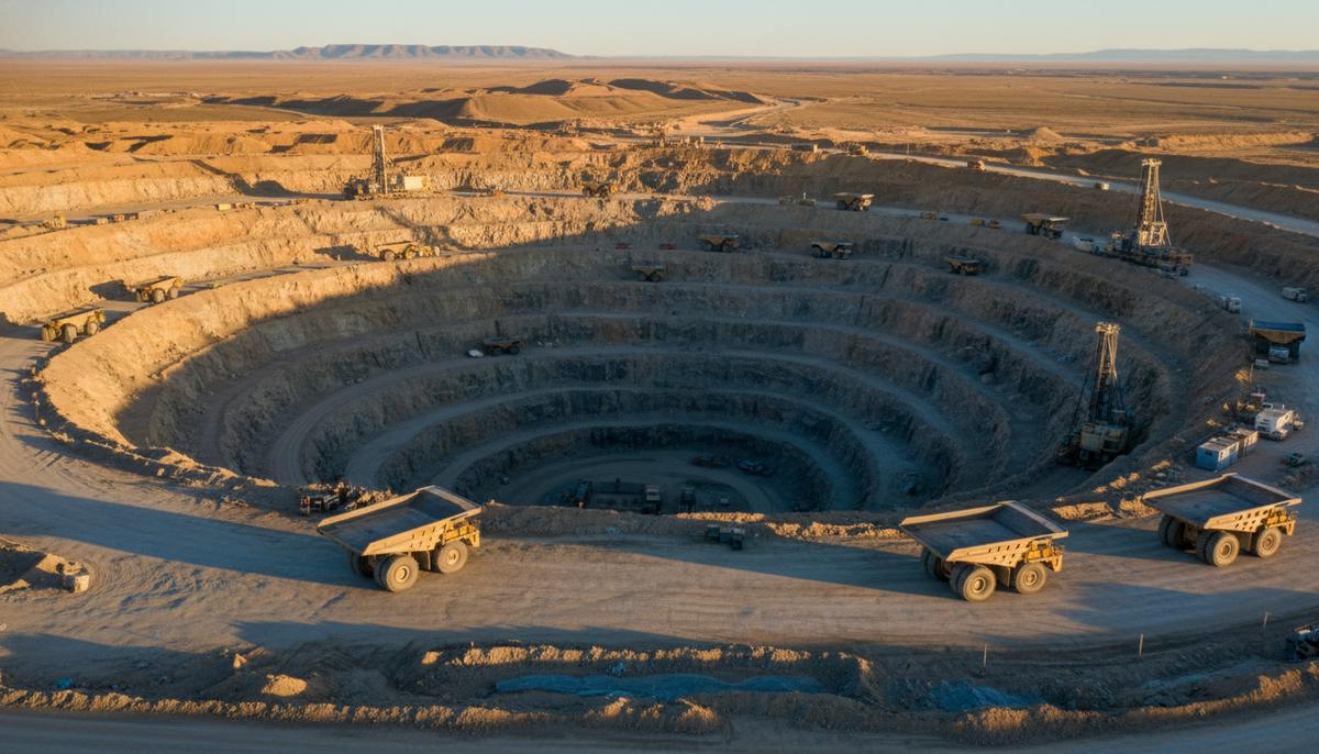 Borealis Mining готовит к перезапуску золотой рудник в Неваде Крупная горнодобывающая техника, включая карьерные самосвалы и буровые установки, на террасах открытого золотого рудника в Неваде.