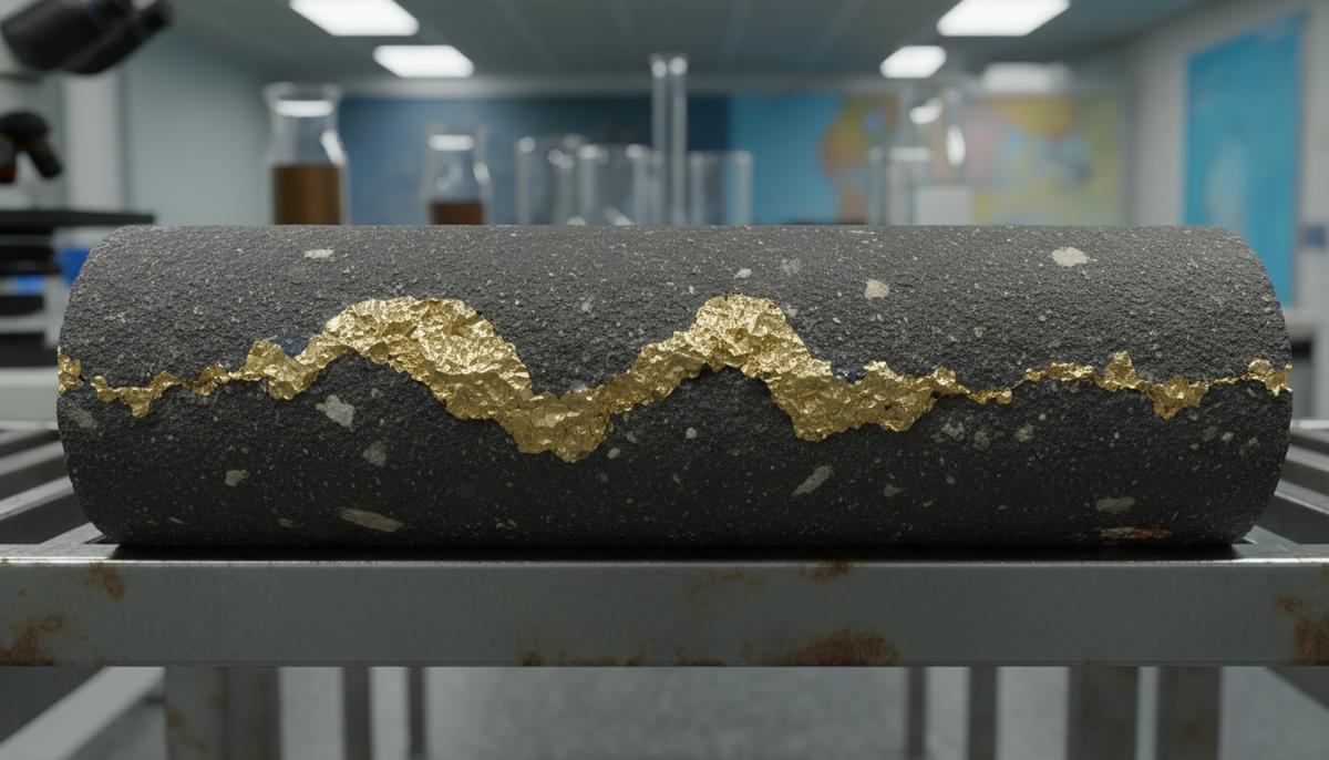 Образец горной породы, извлеченный керн, с ярко выраженной жилой блестящего самородного золота внутри темного камня.