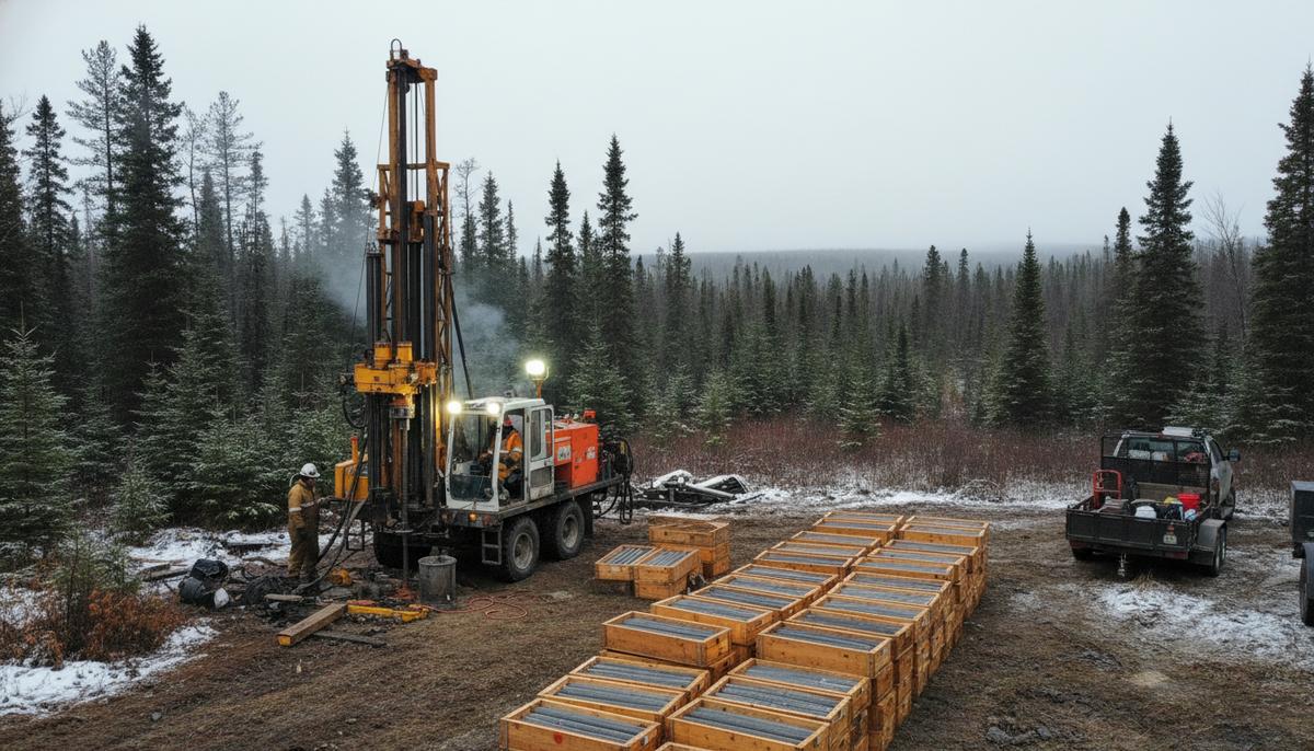Opus One Gold запускает буровую кампанию на 14 000 м в Квебеке Буровая установка для алмазного бурения на расчищенном участке в канадской тайге. Рядом сложены ящики с образцами породы (керном).
