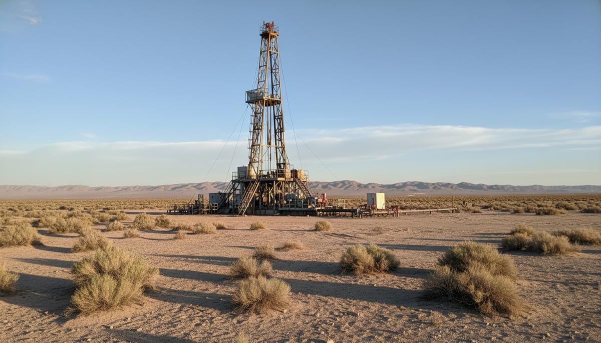 Буровая установка для геологоразведки на фоне пустынного ландшафта Невады в районе золотого проекта Si2.