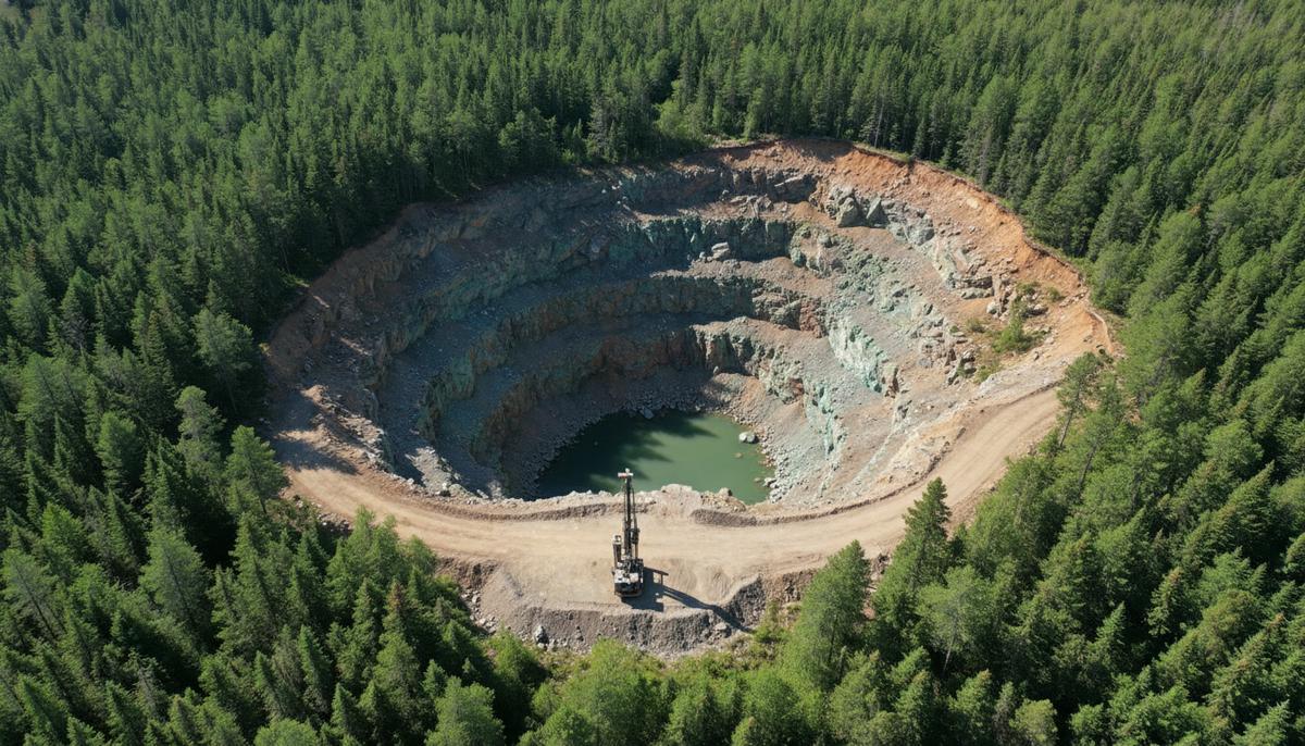 Участок разработки медного месторождения в Канаде. Скальные породы с прожилками медной руды на фоне хвойного леса.