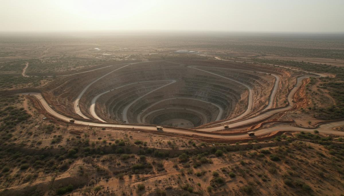 Zijin Gold покупает Allied Gold и ее активы в Африке за $4 млрд Огромный золотодобывающий карьер в африканской саванне с высоты птичьего полета, видны террасы выработки, дороги и карьерная техника.