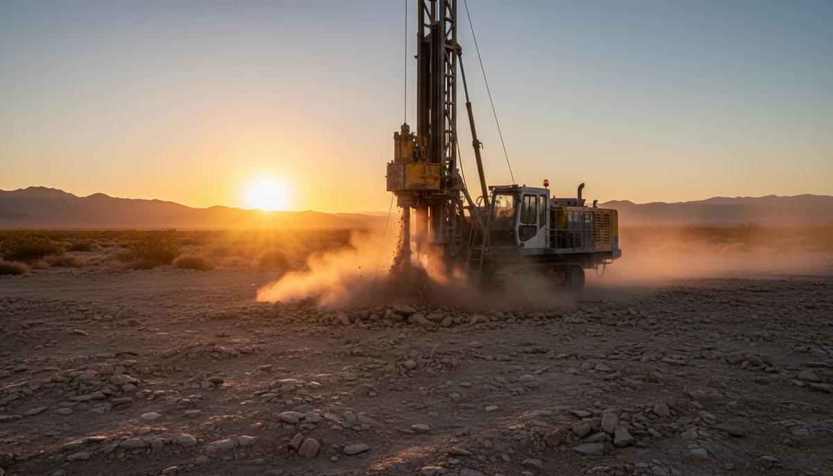 Буровая установка для разведки золота в скалистой пустыне Невады в лучах закатного солнца.
