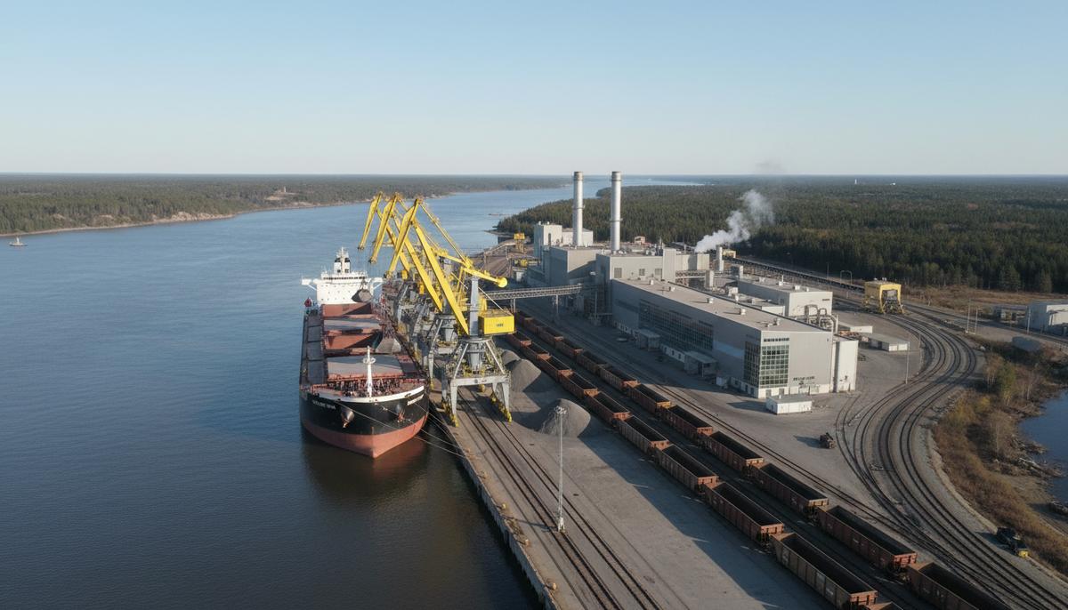 Промышленный порт в Канаде с причалом, грузовым судном, кранами и железнодорожными путями, ведущими к перерабатывающему заводу.