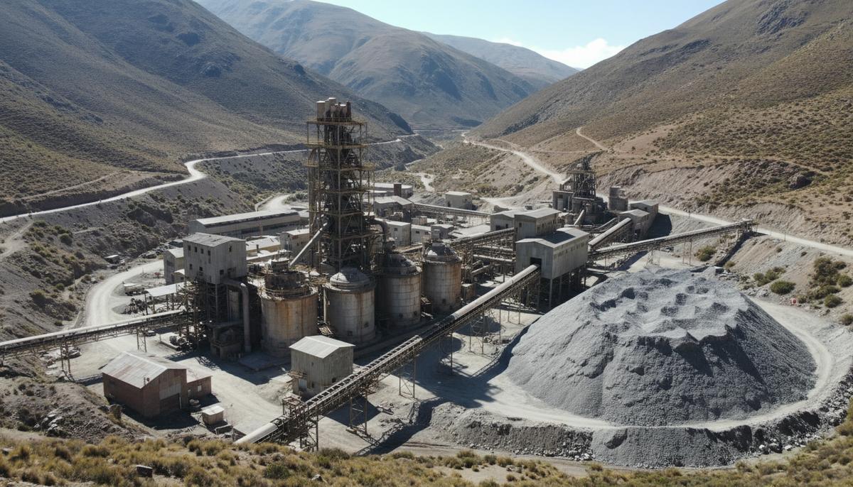 Промышленный комплекс обогатительной фабрики по переработке серебра на фоне скалистого горного пейзажа в Перу.