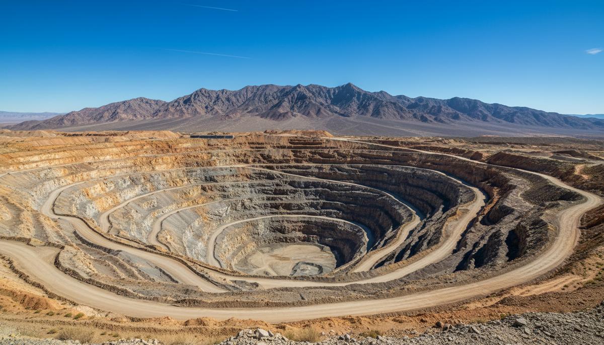 Панорама крупного золотодобывающего карьера в скалистой пустынной местности Невады. Видны террасы разреза и технологические дороги на фоне гор.