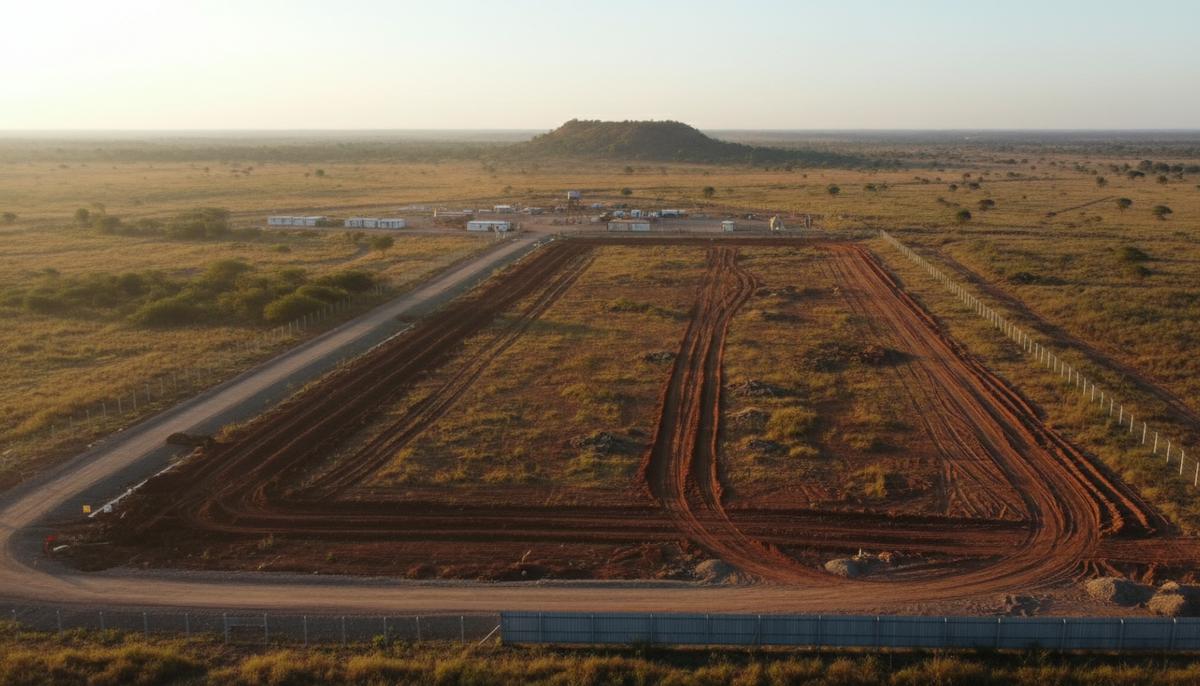 Строительная площадка ниобиевого проекта Каньика в Малави. Расчищенная земля, подъездная дорога и ограждения на фоне саванны.