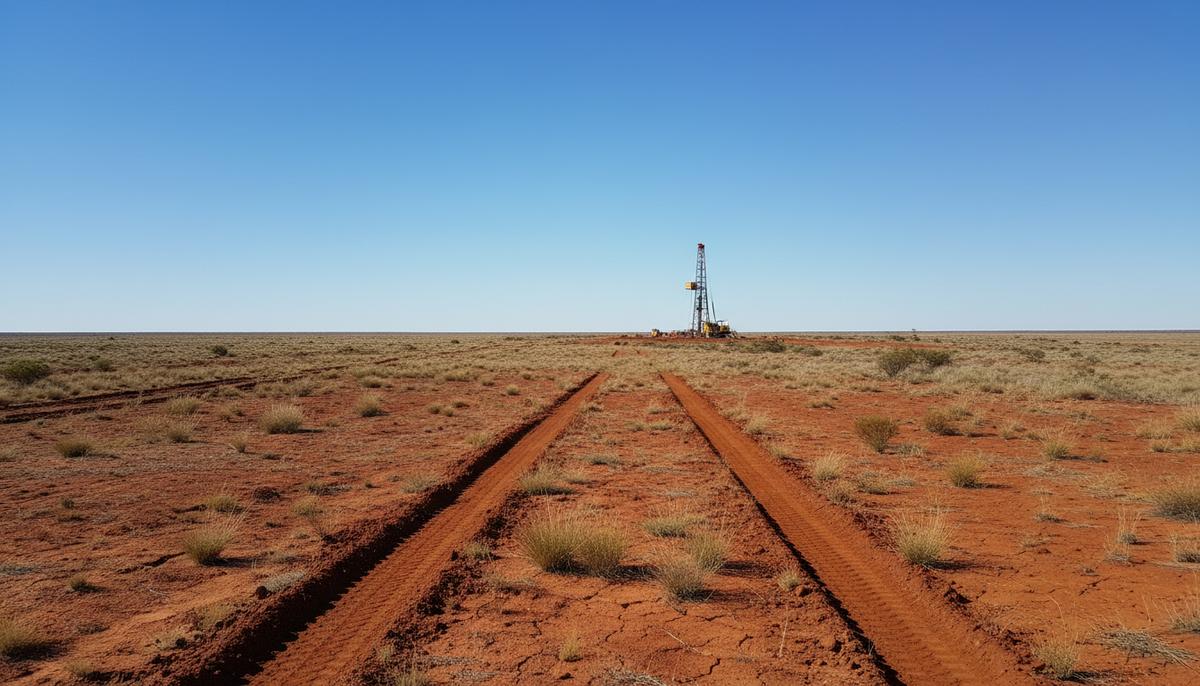 Бескрайний засушливый пейзаж горнодобывающего региона Западной Австралии с красноватой почвой и редкой растительностью.