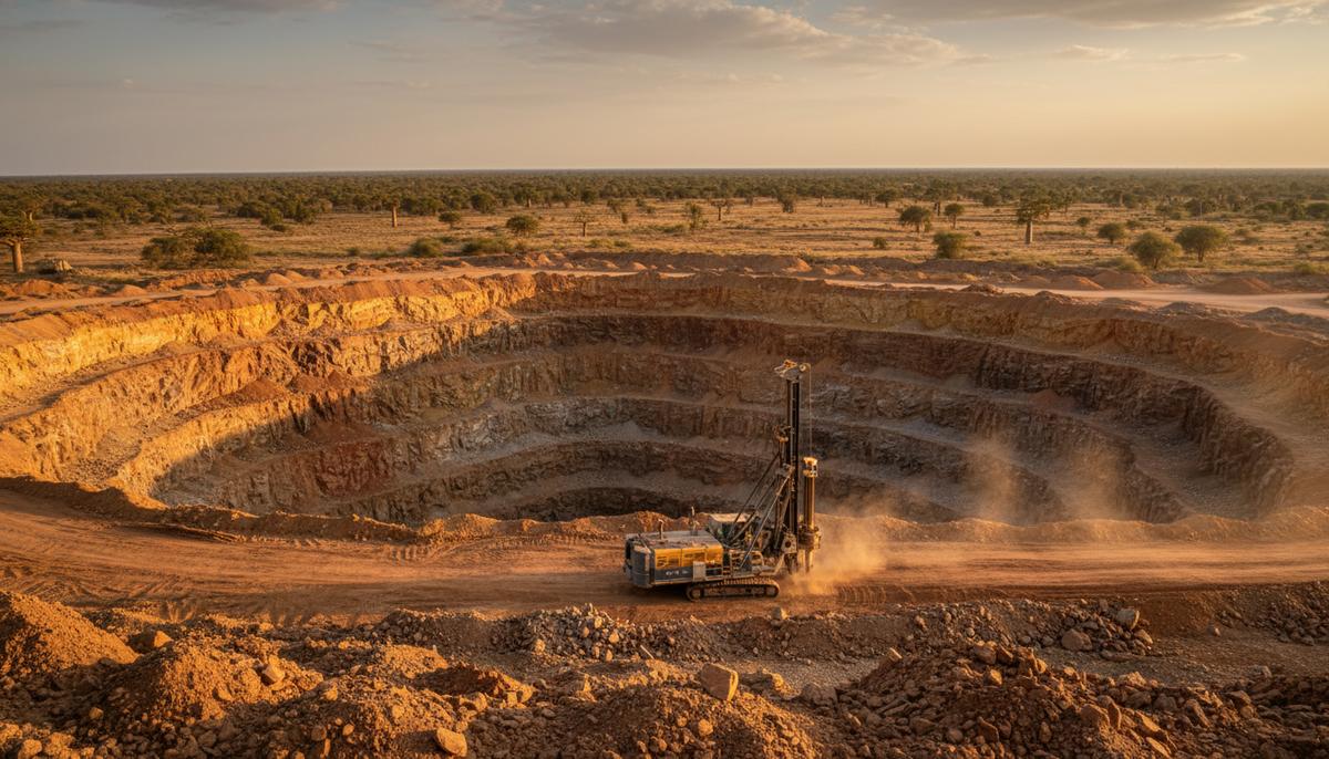 Toubani Resources расширяет бурение на золотом проекте Kobada в Мали Буровая установка на уступе открытого золотодобывающего карьера в Мали на фоне саванны.