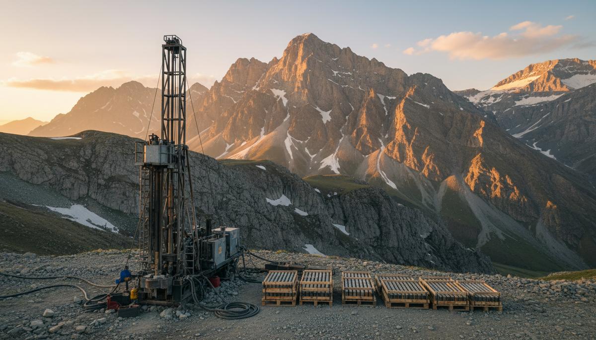 Современная буровая установка и ящики с образцами керна на фоне скалистых Кавказских гор в Грузии на участке геологоразведки.
