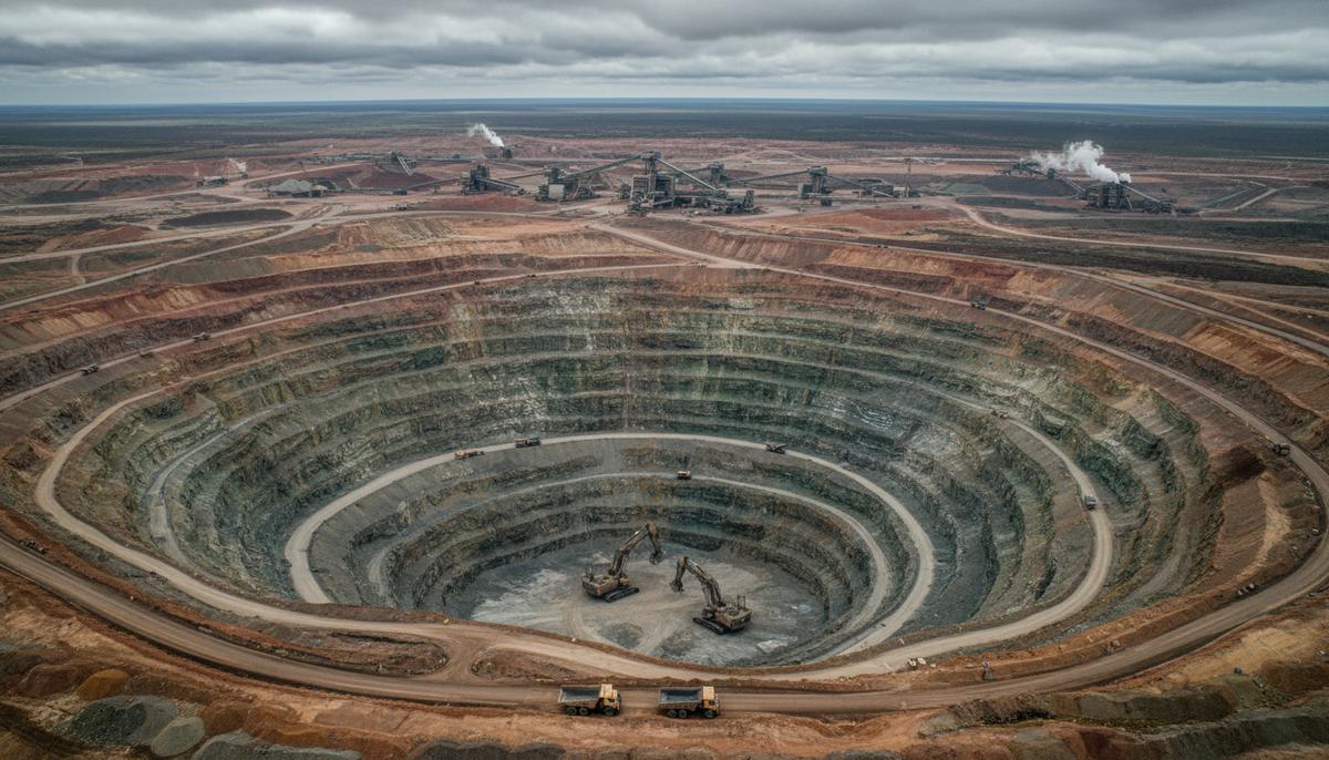 Масштабный карьер по добыче полезных ископаемых с высоты птичьего полета. Видны террасные склоны, горнодобывающая техника внизу и промышленный комплекс на заднем плане.