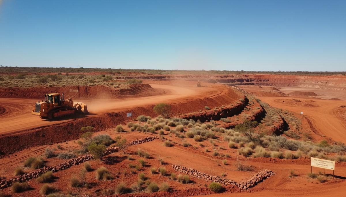Большой карьер по добыче железной руды в Австралии на этапе рекультивации. Бульдозер перемещает красную землю.