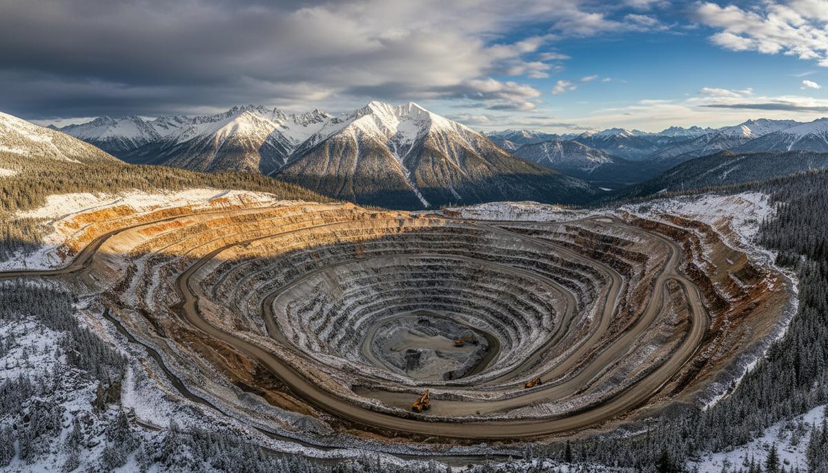 Крупный карьер по добыче золота и серебра, расположенный в скалистой, заснеженной горной местности с подъездными дорогами.
