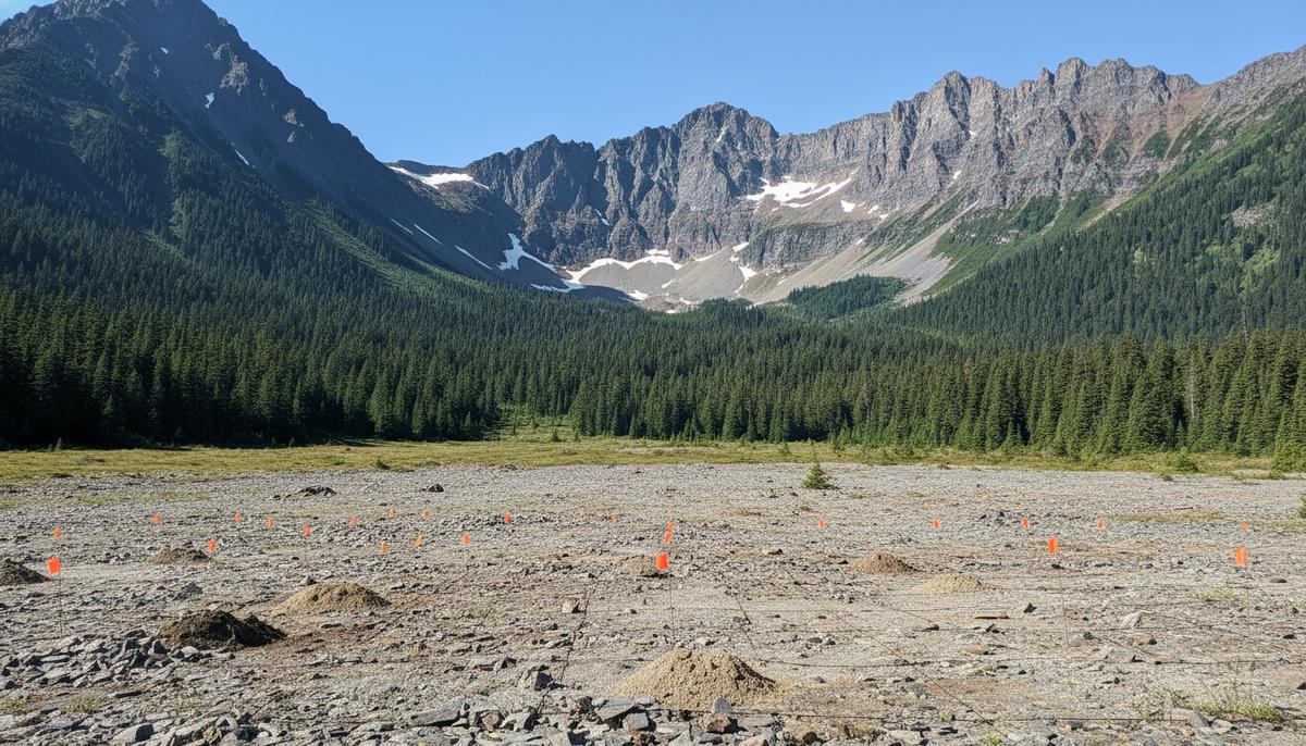 Скалистый горный склон в Британской Колумбии с расставленными маркерами для отбора проб грунта в рамках геологоразведочных работ.
