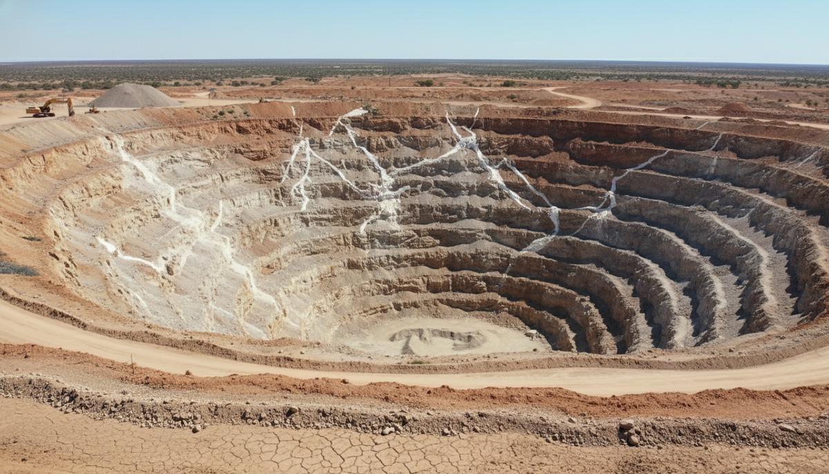 Открытый карьер золотодобывающего рудника в засушливом австралийском ландшафте с обнаженными пластами породы и кварцевыми жилами.