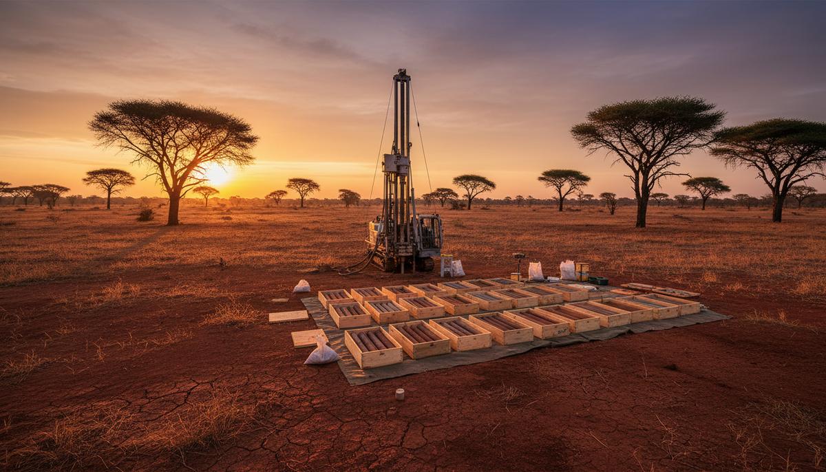 Буровая установка для геологоразведки на фоне африканской саванны на рассвете. Рядом лежат ящики с образцами керна.