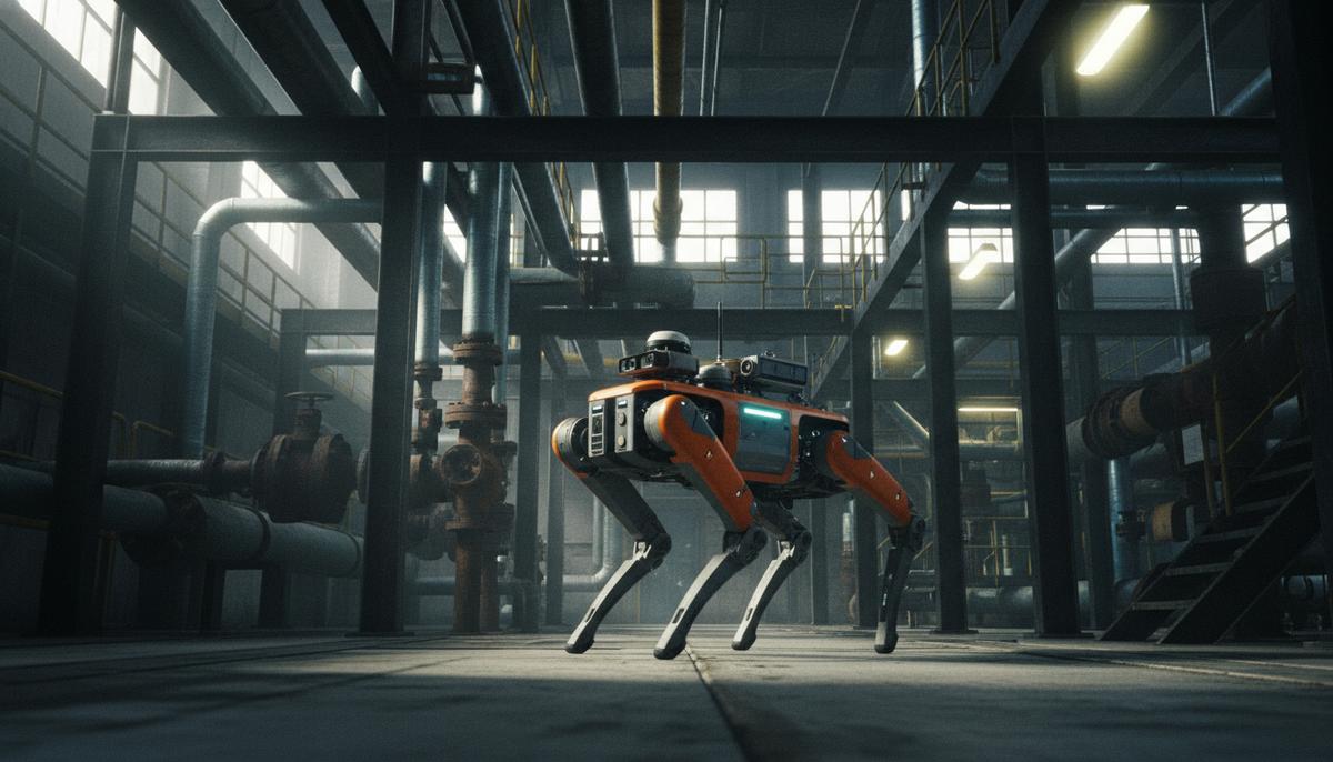 Четвероногий робот-инспектор на территории промышленного объекта с трубопроводами и металлическими конструкциями.