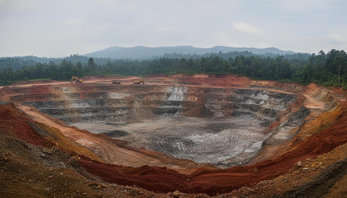 Карьер по добыче редкоземельных металлов в тропическом лесу Индонезии, видны слои разноцветной обнаженной породы.