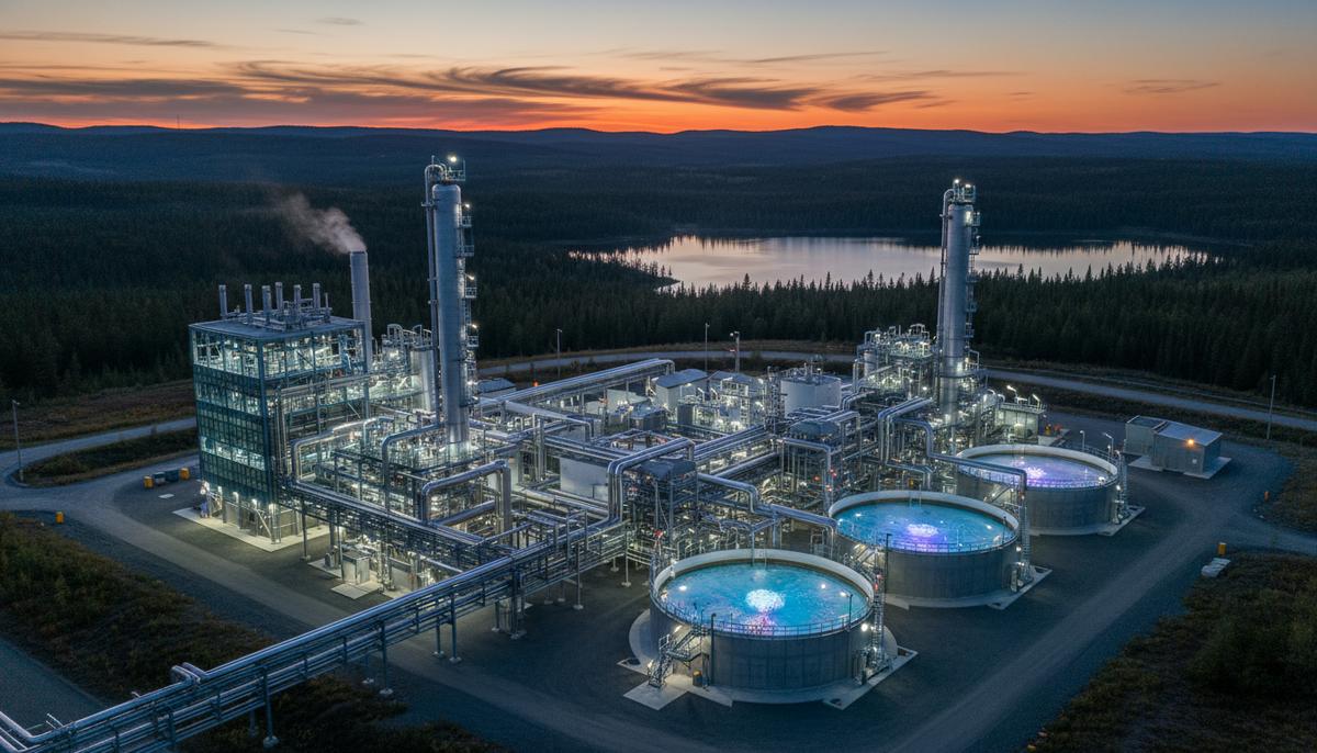 Современный завод по переработке лития в канадской местности на закате. Промышленный комплекс с трубами и резервуарами.