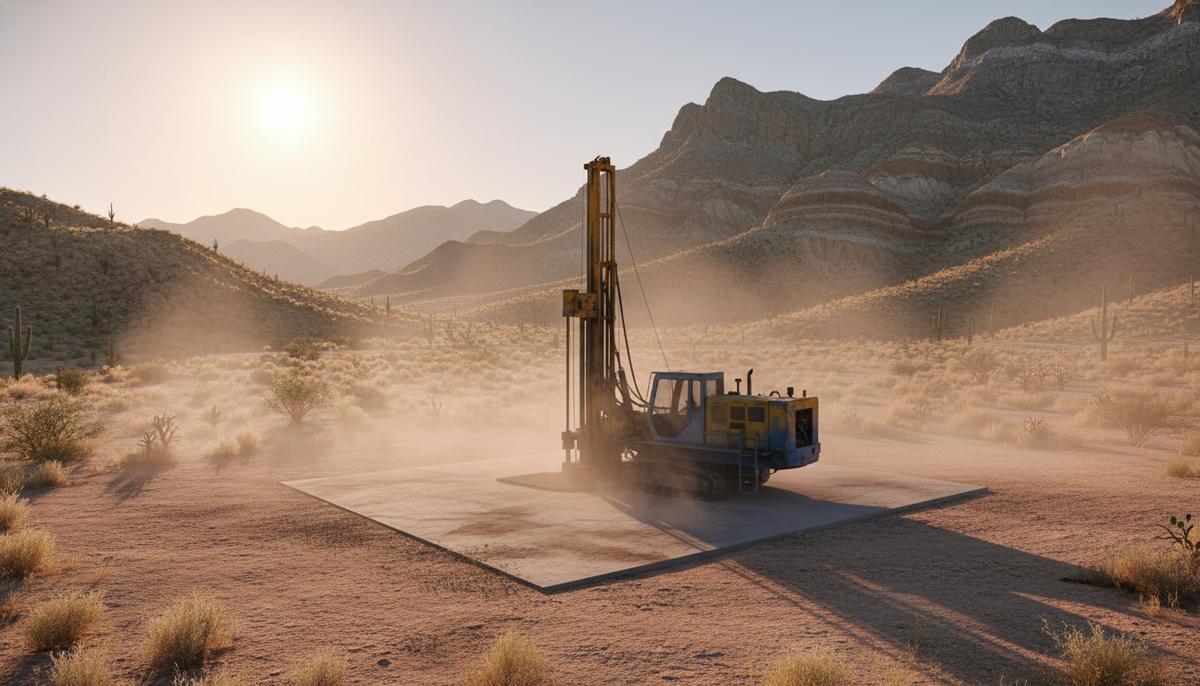 Буровая установка на подготовленной площадке в засушливой, скалистой местности горного региона Сонора в Мексике на рассвете.