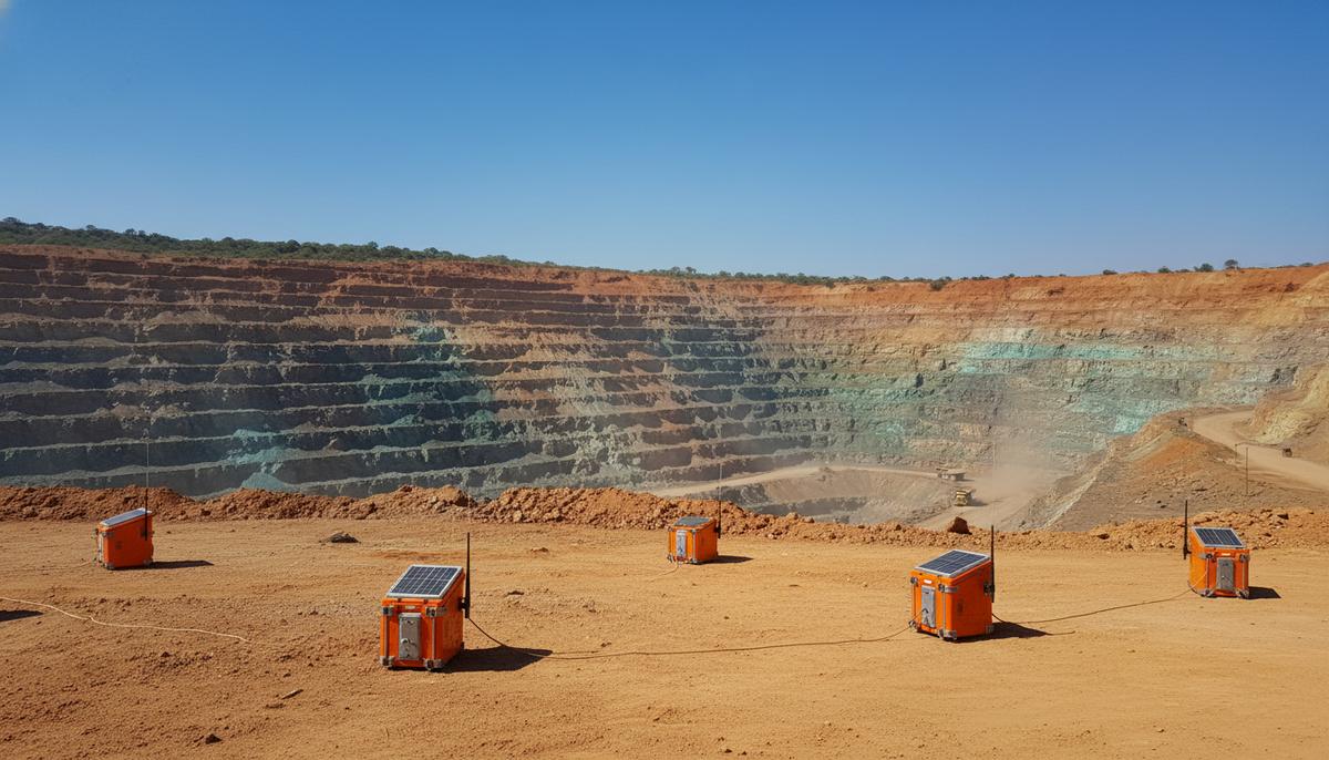Панорамный вид на огромный медный карьер в Замбии с террасными стенами и сейсмическими датчиками на переднем плане.