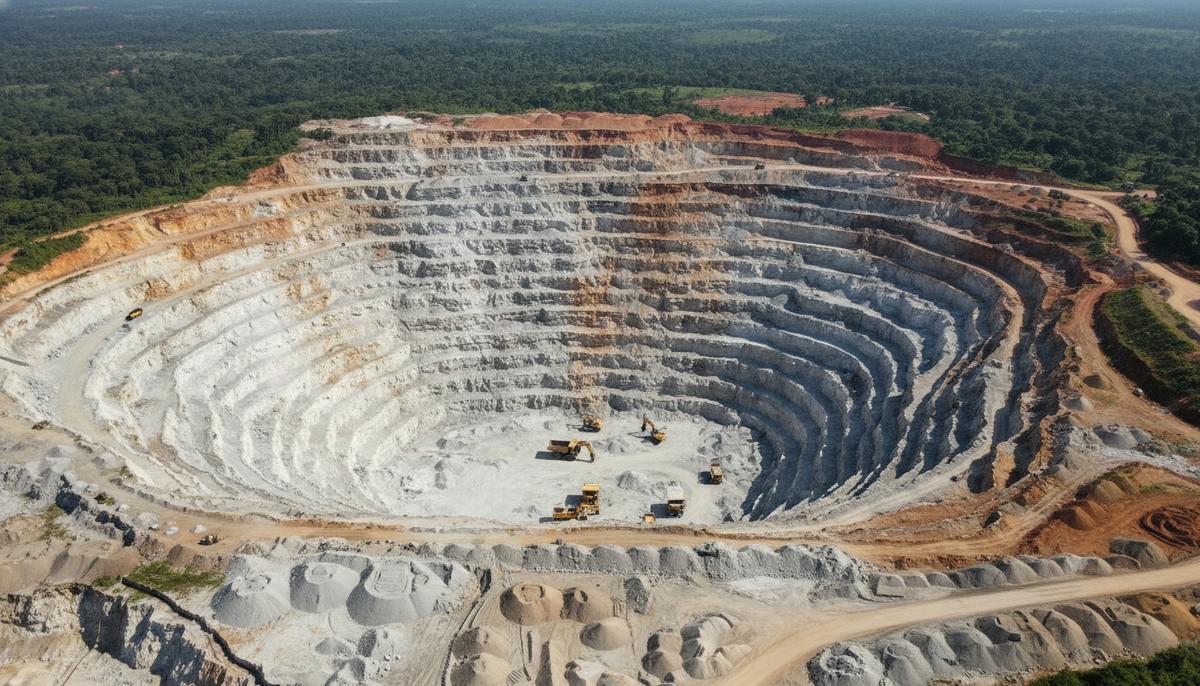 Вид с воздуха на большой карьер по добыче лития с террасными стенами. На дне карьера видна крупная горнодобывающая техника.