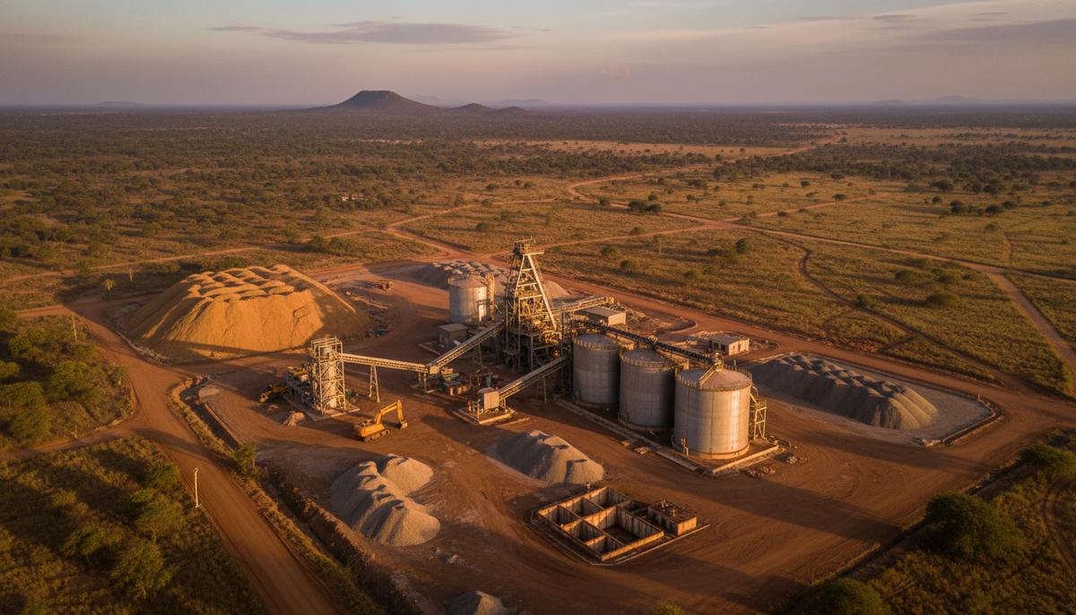 Промышленный комплекс золотодобывающего рудника Kiniero в Гвинее: технологические установки, конвейеры и отвалы руды на фоне саванны.