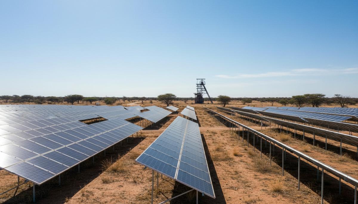 Sibanye-Stillwater заключила крупную сделку по возобновляемой энергии в ЮАР Бескрайнее поле солнечных панелей на фоне засушливого пейзажа Южной Африки с видом на горнодобывающий комплекс на горизонте.