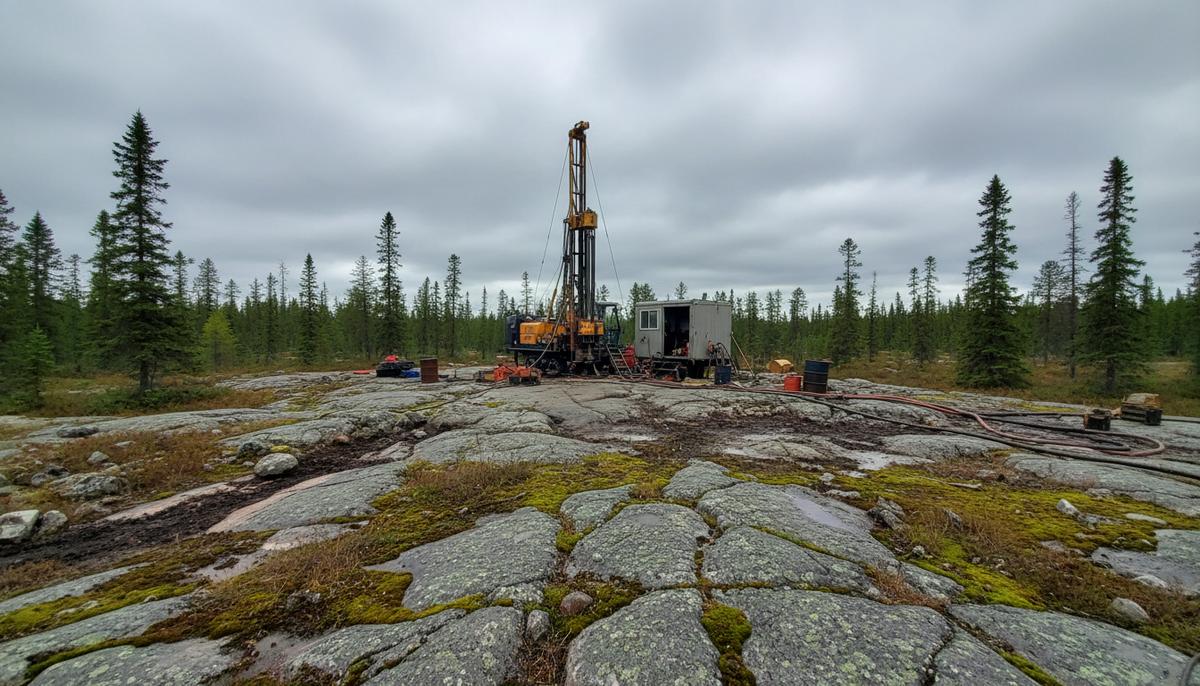 Буровая установка для геологоразведочных работ на скалистой местности в канадской тайге в пасмурную погоду.
