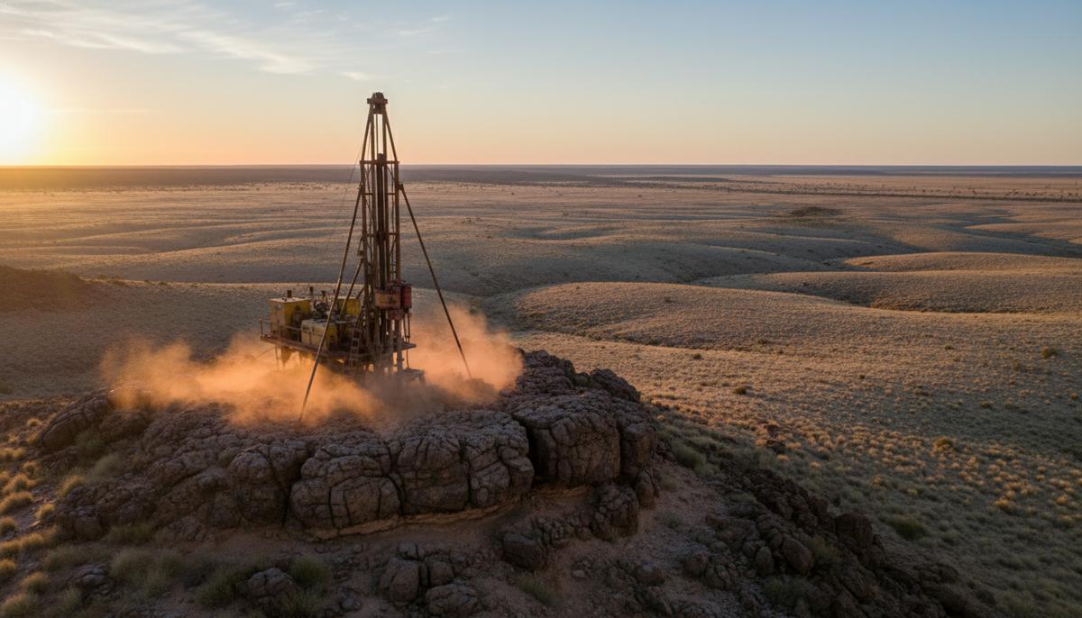 Одинокая буровая установка для геологоразведки на скалистом выступе в засушливом австралийском ландшафте на рассвете.