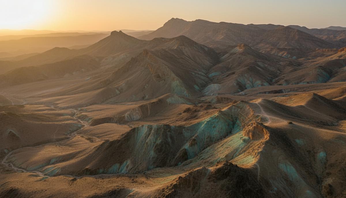 Скалистый пустынный пейзаж в горах Марокко с видимыми залежами медной руды зеленоватого оттенка на склонах.