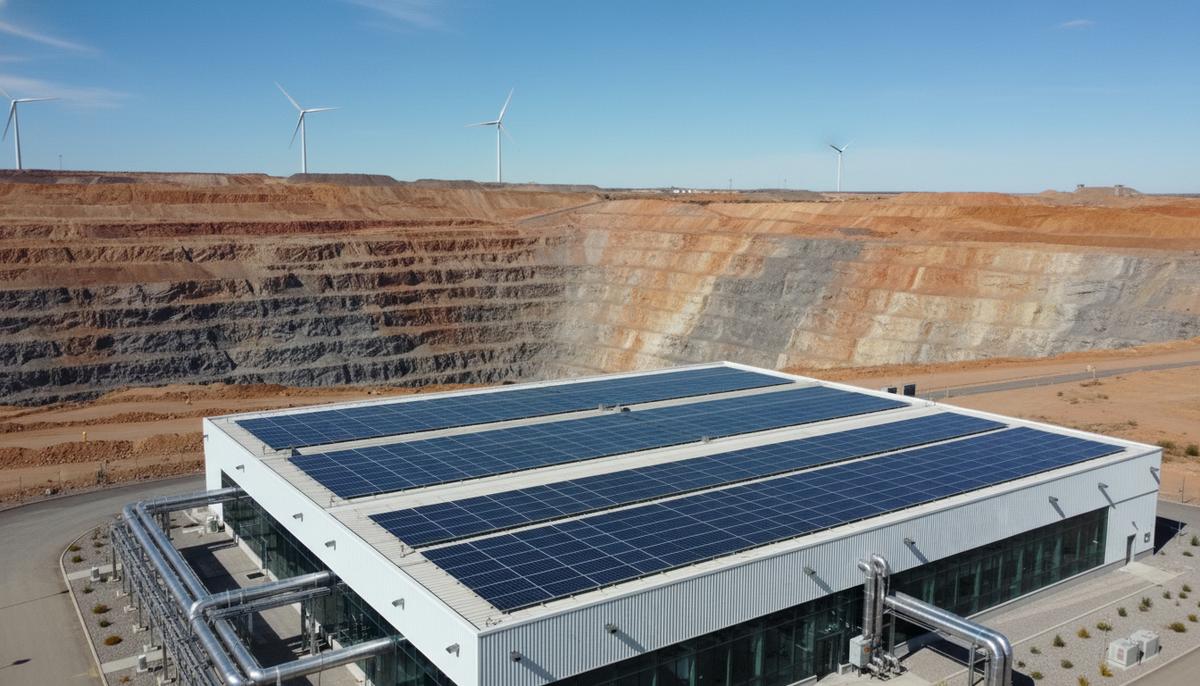 Современный промышленный объект на фоне карьера, окруженный солнечными панелями и ветряными турбинами.