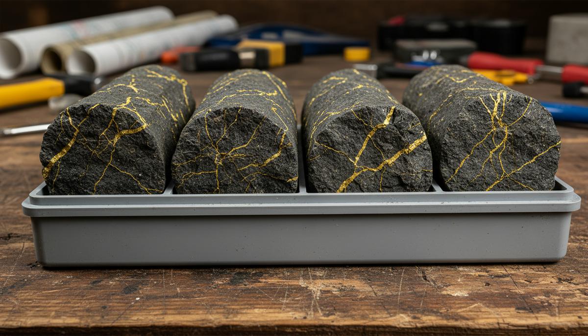 Образцы горной породы (керны) с видимыми прожилками золота, аккуратно уложенные в ящик для геологического анализа на деревянном столе.