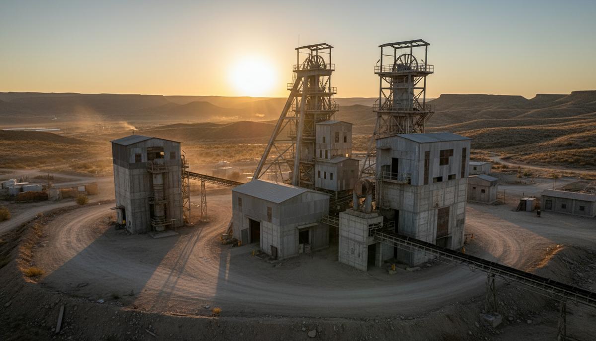 Промышленный комплекс серебряного рудника с обогатительной фабрикой и шахтным копром на фоне холмистого пейзажа Мексики на рассвете.