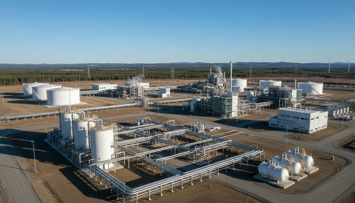 Rio Tinto получила контроль над литиевым проектом Nemaska Lithium в Квебеке Современный завод по производству гидроксида лития в Квебеке. Промышленные здания, крупные белые резервуары и сложная сеть трубопроводов.