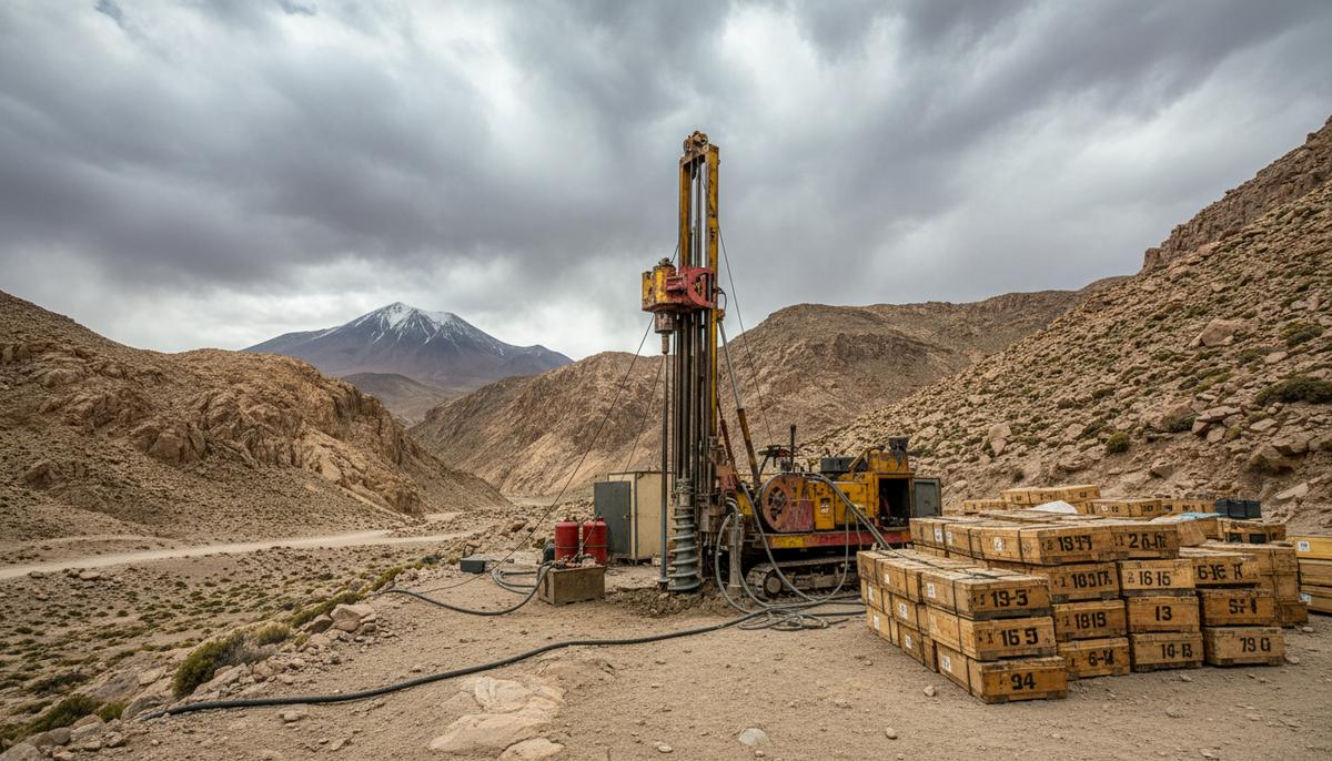 Буровая установка для геологоразведки на фоне сурового горного пейзажа Анд в Чили. Рядом лежат ящики с образцами керна.