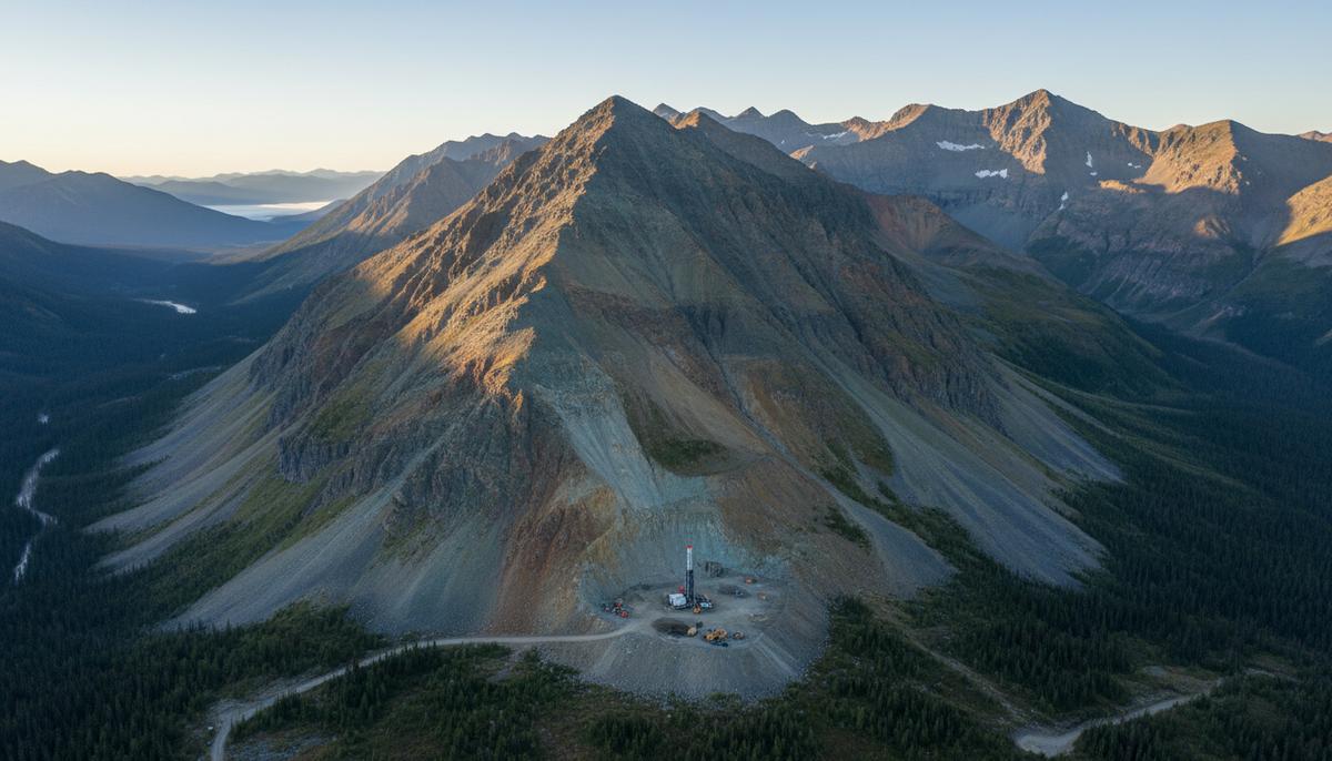 Горный пейзаж Британской Колумбии с буровой установкой на склоне горы, где видны пласты породы с медными рудами.