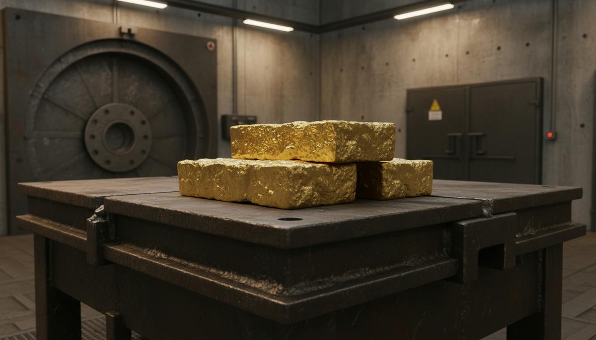 Три золотых слитка Доре на металлическом столе в хранилище. Первое золото с рудника Lucky Strike.
