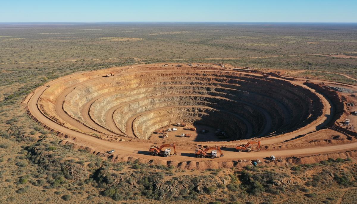 Minerals 260 привлекла A$220 млн на проект Bullabulling в Австралии Крупный карьер по добыче золота с высоты птичьего полета. На террасах рудника стоит тяжелая карьерная техника: экскаваторы и самосвалы.