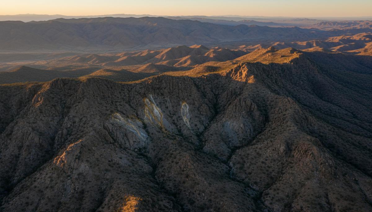Rio Grande Resources запускает аэроразведку на проекте Winston в Нью-Мексико Скалистый горный хребет Блэк-Рейндж в Нью-Мексико с видимыми геологическими разломами и минеральными жилами на рассвете.